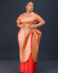 Allure Dress in red and gold brocade with layered wrap overlay