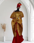 Allure Dress in red and gold brocade with layered wrap overlay


